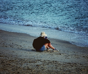 Osoba, Wypoczynek, Plaża, Dziewczyna, Piasek, Morze, Fale