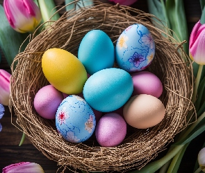 Tulipany, Różowe, Gniazdo, Wielkanoc, Kolorowe, Pisanki