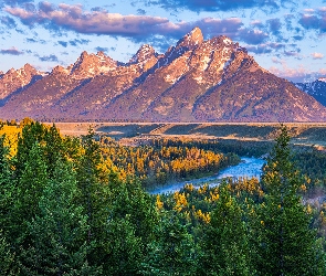 Stany Zjednoczone, Góry, Drzewa, Szczyty, Lasy, Snake River, Wyoming, Park Narodowy Grand Teton, Rzeka