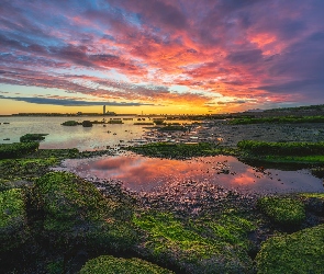 Reykjavík, Wybrzeże, Latarnia morska, Islandia, Zachód słońca, Morze, Grotta Island Lighthouse