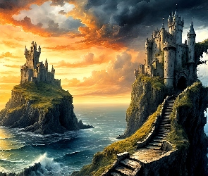 Morze, Zamek, Grafika, Chmury, Wschód słońca, Skały, Fantasy, Schody