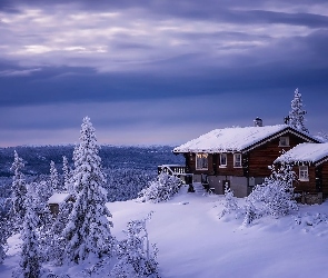 Valdres, Chmury, Śnieg, Norwegia, Domy, Zima, Drzewa