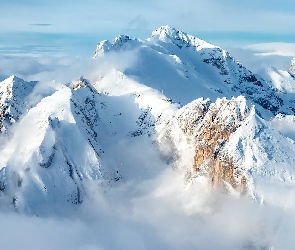 Dolomity, Zima, Góry, Marmolada, Mgła, Szczyt, Włochy, Śnieg