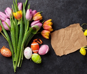 Ciemne tło, Kartka, Kolorowe, Kwiaty, Tulipany, Pisanki