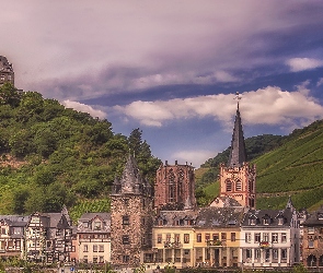 Las, Zamek Stahleck, Bacharach, Domy, Wzgórza, Niemcy, Niebo