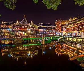 Chiny, Drzewa, Noc, Odbicie, Oświetlenie, Ogród Yuyuan, Shanghaj, Dom, Pawilon Huxin