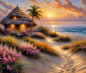 Grafika, Zachód słońca, Kwiaty, Plaża, Chata, Morze