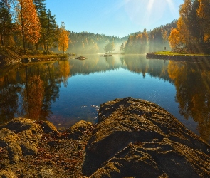 Drzewa, Pożółkłe, Jezioro, Odbicie, Las, Jesień, Skały