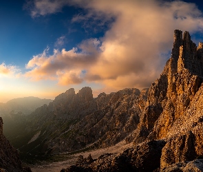 Słońce, Skały, Dolomity, Włochy, Vajolet Towers, Góry, Szczyt