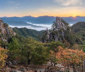 Góra, Drzewa, Korea Południowa, Mgła, Promienie słońca, Unaksan, Skały, Jesień