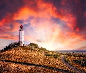 Niemcy, Hiddensee, Dornbusch Lighthouse, Latarnia morska, Zachód słońca, Chmury