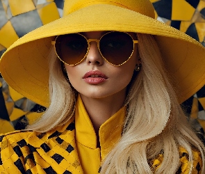 Blondynka, Strój, Kobieta, Żółty, Czarno-żółte, Kapelusz, Tło, Okulary