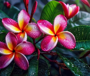 Kwiaty, Grafika, Liście, Pąki, Plumeria