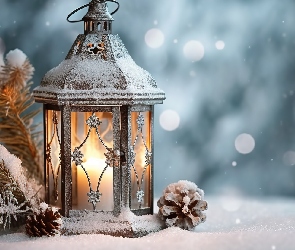 Śnieg, Gałązka, Dekoracja, Zima, Lampion, Szyszki