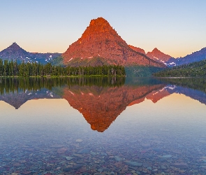 Stany Zjednoczone, Odbicie, Kamienie, Stan Montana, Park Narodowy Glacier, Two Medicine Lake, Góry, Sinopah Mountain, Jezioro, Drzewa