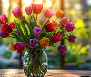 Wazon, Kolorowe, Kwiaty, Tulipany