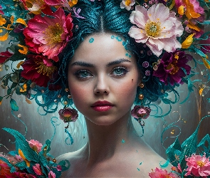 2D, Portret, Dziewczyna, Kwiaty