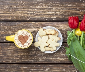 Kawa, Kompozycja, Deski, Ciasteczka, Tulipany