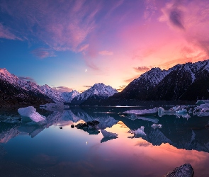 Jezioro, Góra Cooka, Nowa Zelandia, Góry, Zachód słońca, Tasman Lake, Park Narodowy Góry Cooka, Lód