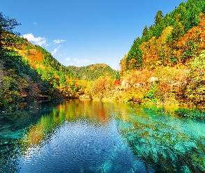 Jesień, Góry, Park Narodowy Jiuzhaigou, Chiny, Jezioro, Las