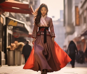 Azjatka, Ulica, Hanbok, Strój, Kobieta