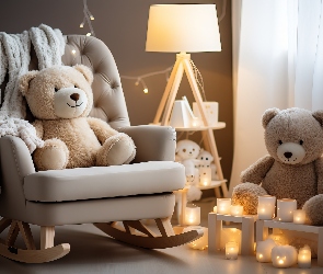 Świeczki, Lampa, Misie, Grafika, Fotel, Dwa, Pluszaki