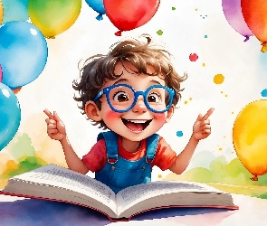 Książka, Balony, Uśmiech, 2D, Okulary, Chłopiec, Radość
