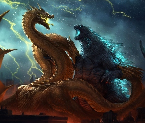 Godzilla, Błyskawice, Walka, Smok, Fantasy