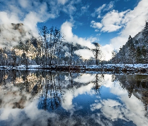 Rzeka, Kalifornia, Śnieg, Stany Zjednoczone, Park Narodowy Yosemite, Odbicie, Merced River, Góry, Drzewa