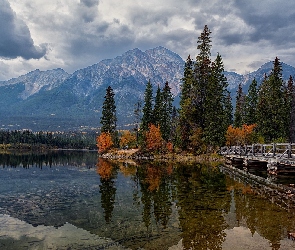 Park Narodowy Jasper, Drzewa, Most, Kanada, Pyramid Lake, Góry, Jezioro