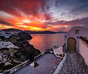 Morze, Grecja, Santorini, Domy, Zachód słońca