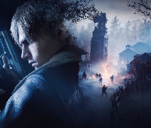 Gra, Osada, Kurtka, Ogień, Pistolet, Mężczyzna, Resident Evil 4, Postać, Leon