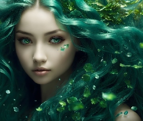 Fantasy, Grafika, Zielonooka, Kobieta, Włosy, Zielone