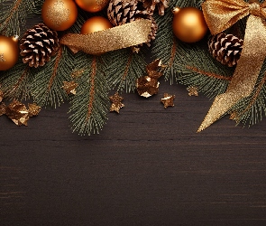 Deski, Gwiazdki, Bombki, Dekoracja, Kokardy, Złote, Szyszki, Gałązki, Boże Narodzenie, Złote