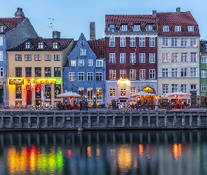 Kopenhaga, Wieczór, Kanał Nyhavn, Domy, Dania