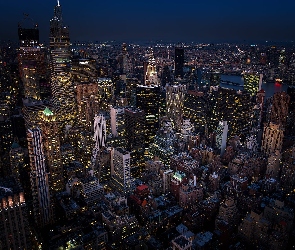 Z lotu ptaka, Noc, Nowy Jork, Stany Zjednoczone, Manhattan, Wieżowce