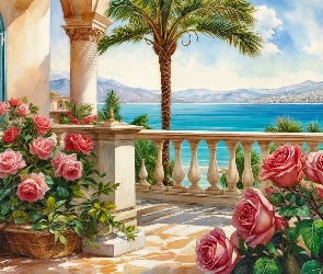 Róże, Kwiaty, Morze, Dom, Palma, Grafika, Balkon