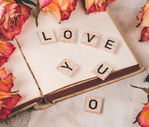 Róże, Love you, Napis, Klocki, Książka