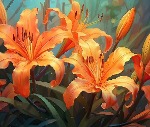 Lilie, Grafika, Pomarańczowe, Pąki, Kwiaty