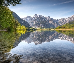 Almtal, Jezioro, Austria, Odbicie, Drzewa, Góry, Odbicie, Almsee