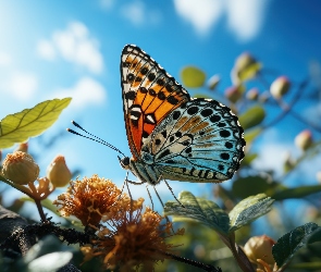 Kwiaty, Grafika, Niebo, Gałąź, Motyl