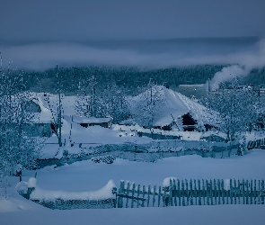 Śnieg, Mgła, Drzewa, Domy, Zima