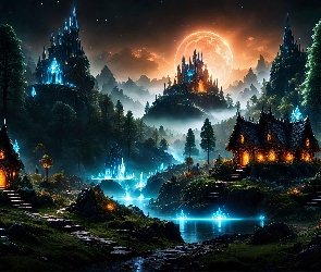 Grafika, Noc, Wioska, Magiczna, Domy, Światła