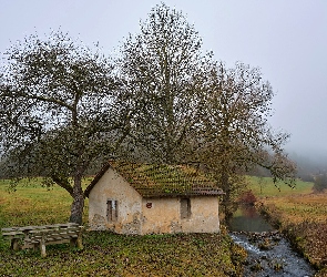 Ławka, Pole, Rzeczka, Drzewa, Dom