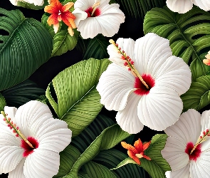 Kwiaty, Grafika, Liście, Białe, Hibiskusy