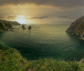 Morze, Asturia, Skały, Hiszpania, Drzewa, Góry, Zatoka, Plaża, Silence Beach