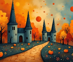 Drzewa, Grafika, Jesień, Dynie, Domy