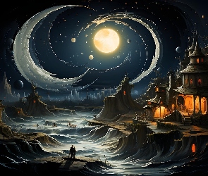 Księżyc, Fantasy, Zamek, Oświetlony, Noc