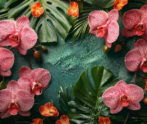 Orchidee, Monstera, Liście, Kwiaty, Storczyki