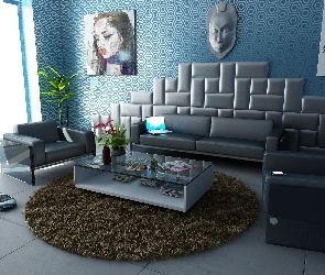 Krzesła, Zdjęcia, Pokój, Wnętrze, Stolik, Kwiaty, Sofa, Posążek, Dywan, Zabawka, Meble